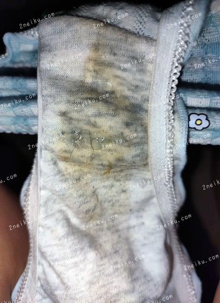 一条蓝白小方格子透气款带有很多白带的原味内裤的照片 - 缩略图