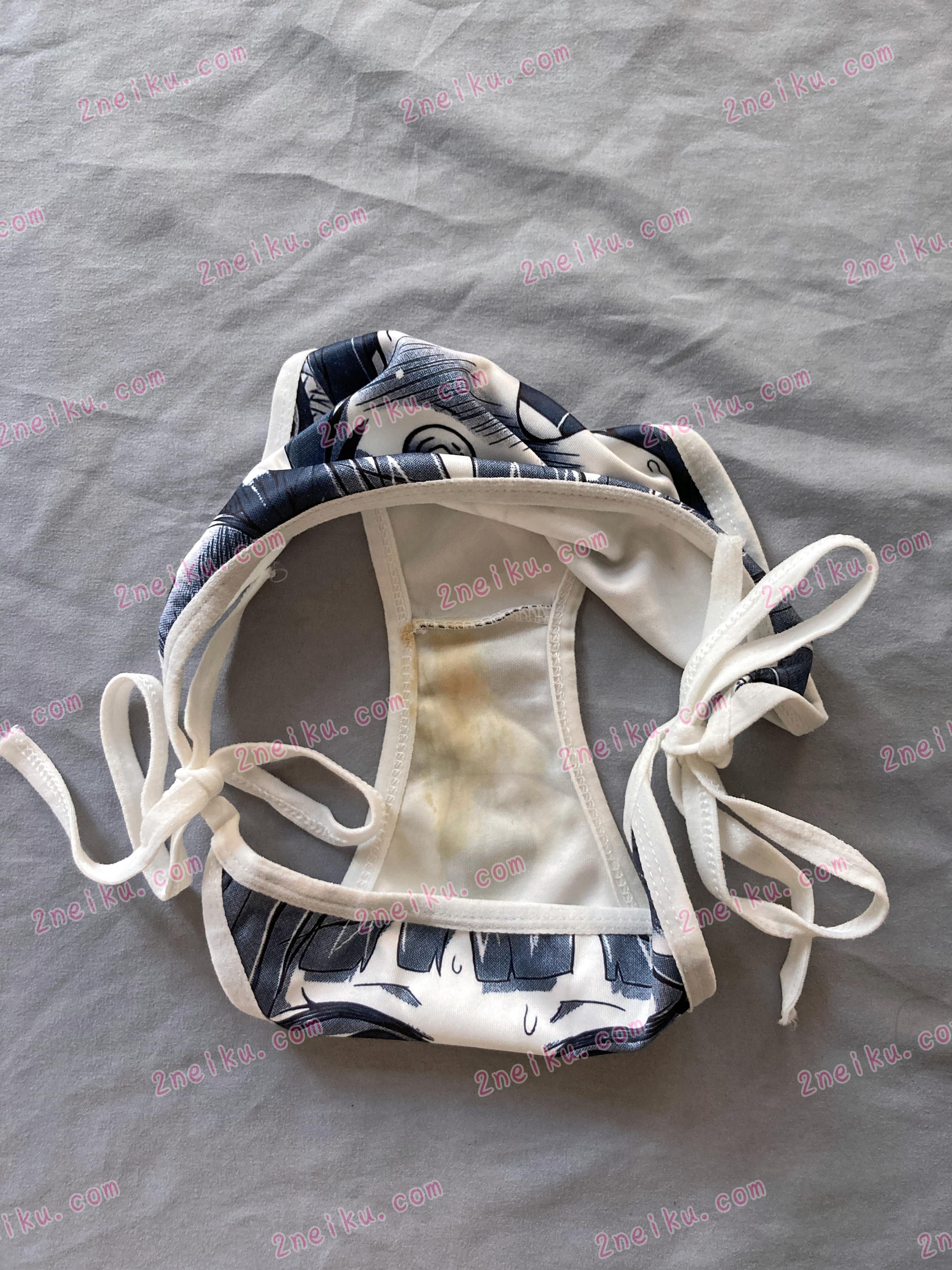 二次元卡通印花低腰系带原味胖次裆部痕迹照片