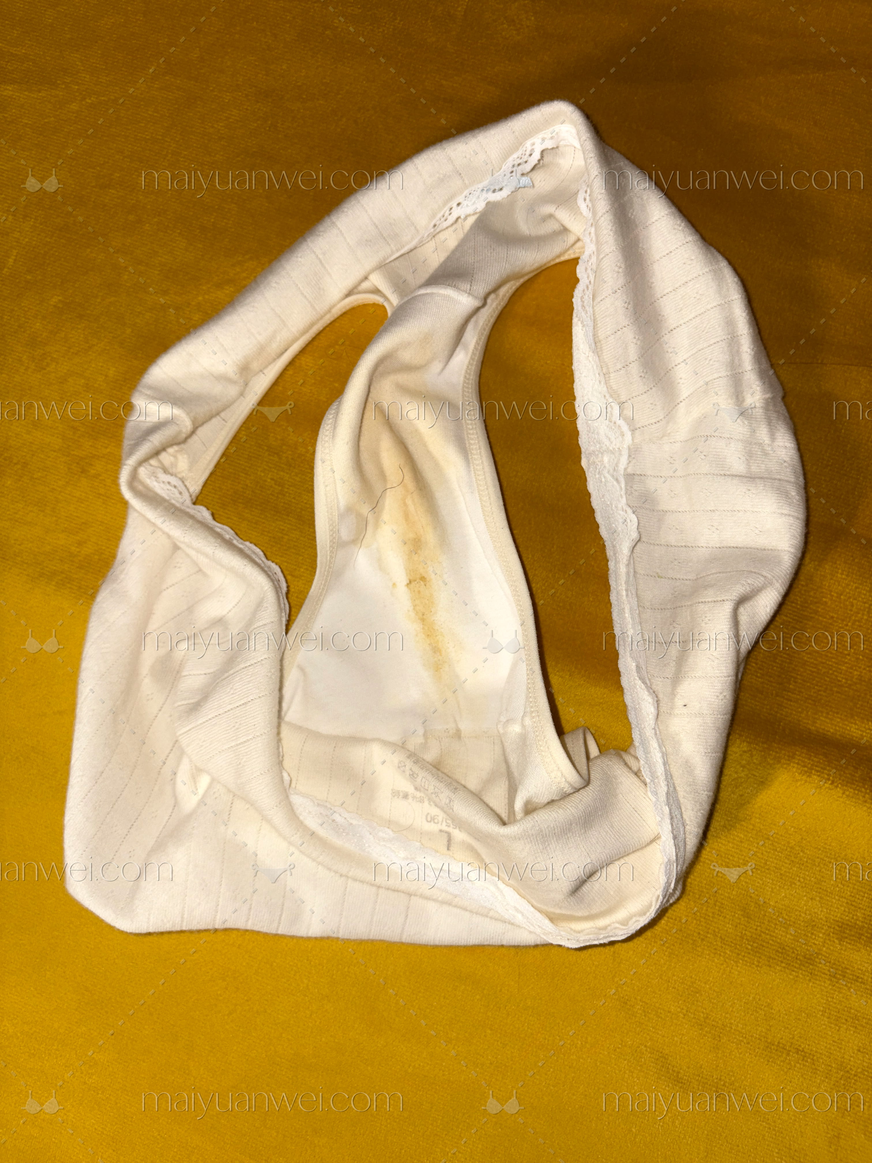 软糯奶油萌宠印花原味内裤照片，裆部有很深的分泌物和白带痕迹